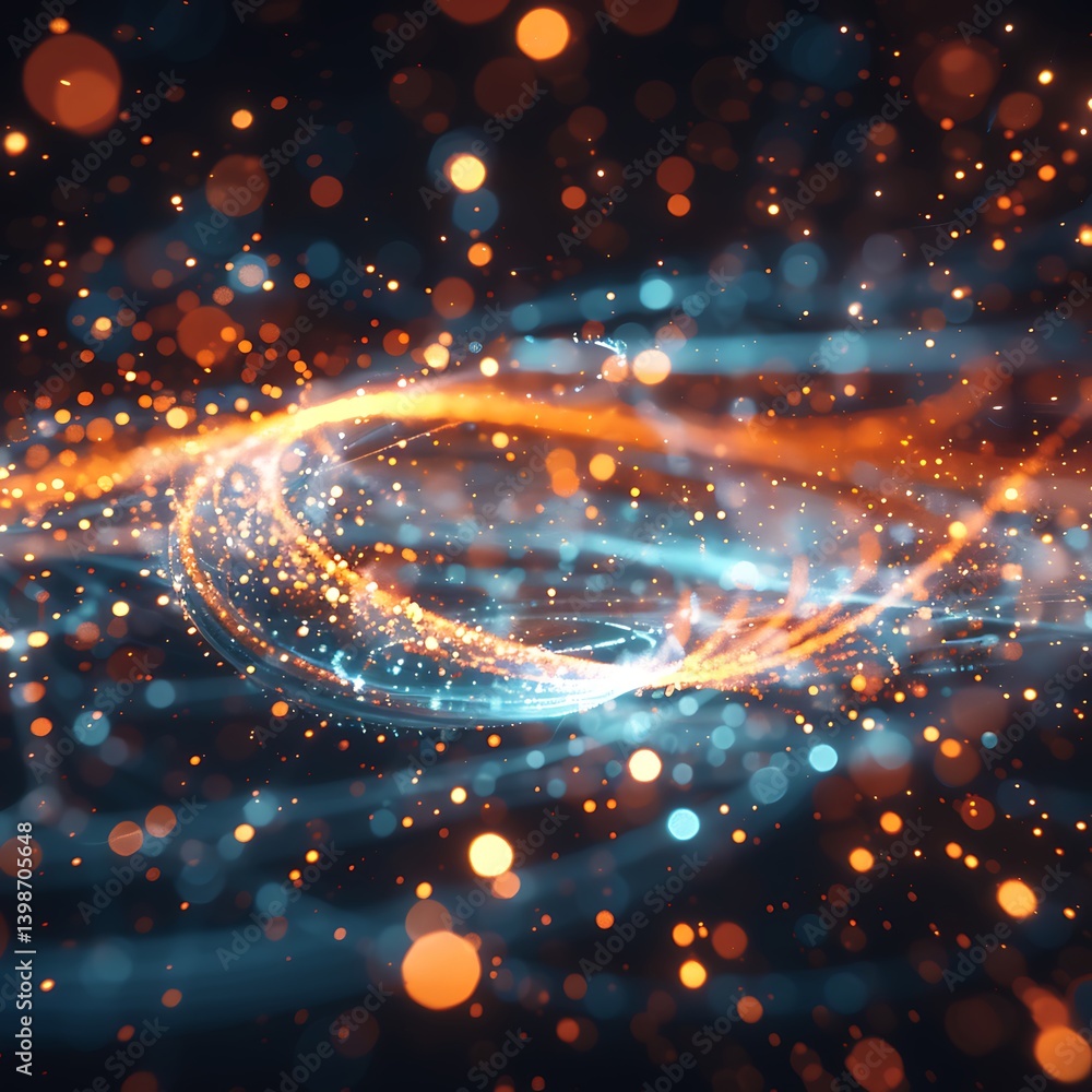 Poster abstract background featuring swirling streams of glowing orange and blue particles and light trails