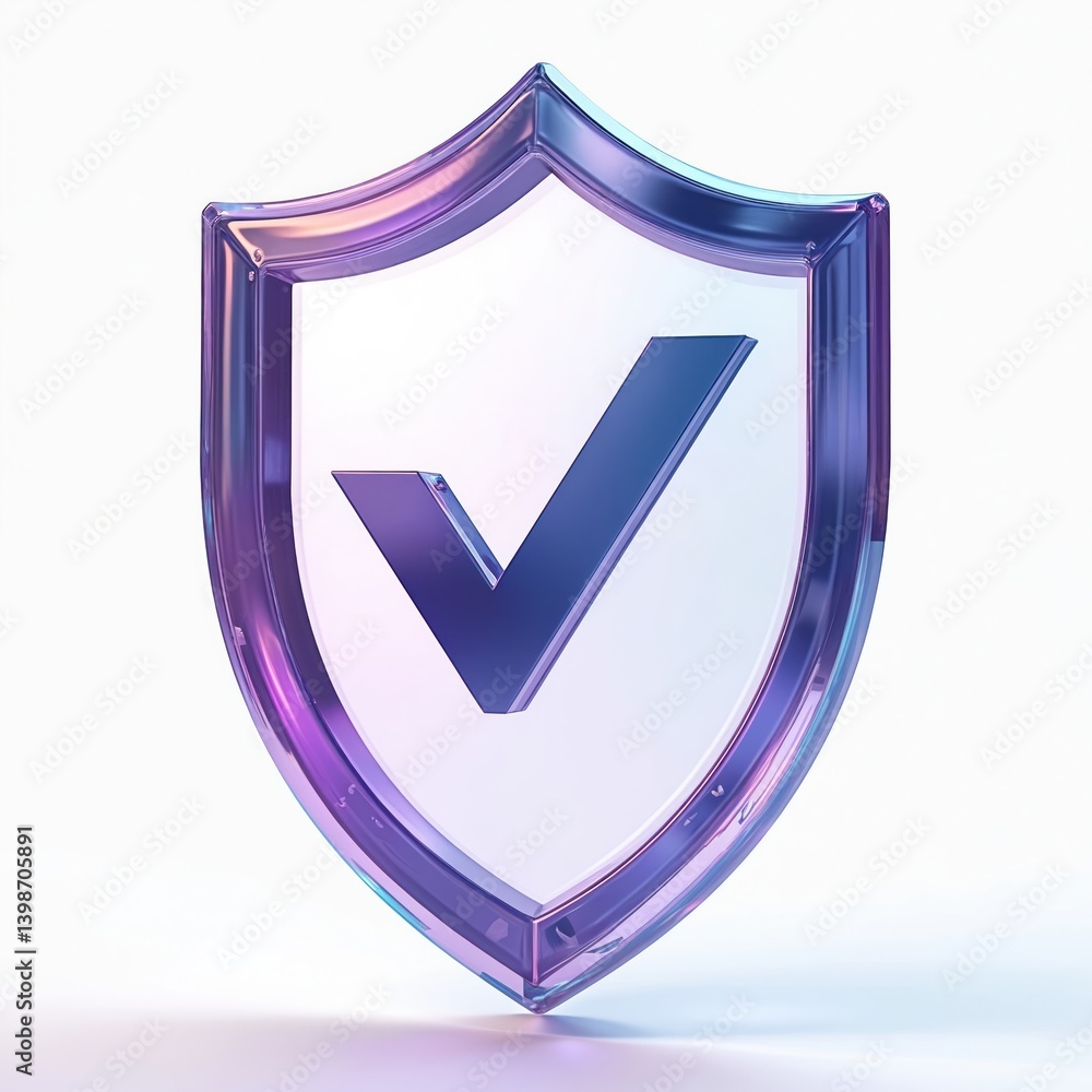 Fototapete 3D render of holographic shield with check mark. Crystal framework badge, safety symbol, gradient hologram texture. Data privacy protection, antivirus concept. Digital security. Secure, safe.