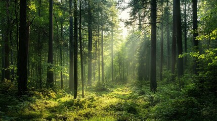 Obraz premium Beautiful green forest landscape with sunlight shining through trees nature photography stock image download