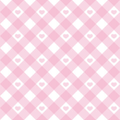 Gingham heart diagonal seamless pattern in pink pastel color. Vichy plaid design for Easter holiday textile decorative. Vector checkered pattern for fabric picnic blanket, tablecloth, dress, napkin.