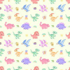Seamless pattern of colorful cartoon dinosaurs, insects, volcanoes,and rainbows on a soft background