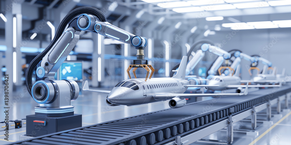 Poster robotic arms assembling airplane in high-tech factory
