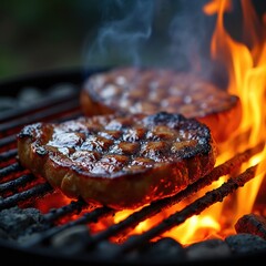 Flames grilling meat on glowing coal grill. Juicy steak cooking on barbecue. Delicious cooked food, summer outdoor picnic or party. Barbecue grilled meat dinner. Food and drink concept.