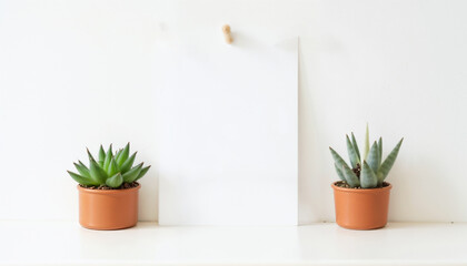 Minimalist home decor, two succulent plants, blank sheet, modern style, copy space