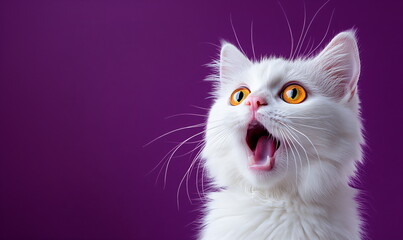 Surprised domestic feline facial expression against a dark purple backdrop, pet mouth open in a funny expression for veterinarian clinic advertising or rescue shelter posters.