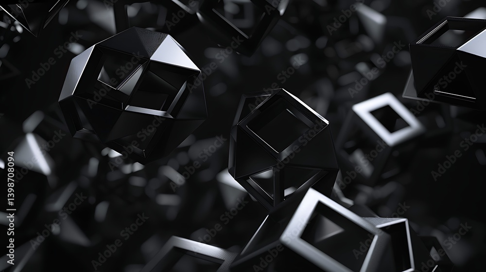 Poster abstract background with multiple dark grey or black metallic hollow cubes or geometric frames float