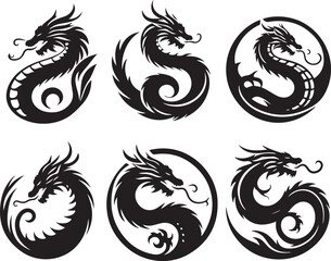 Naklejka premium dragon with round shape silhouette victor design isolated on the white background.