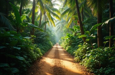 Dirt road runs through vibrant green tropical jungle. Rich vegetation with palm trees, bright sunlight. Jungle pathway, adventure travel concept. Natural beauty, eco tourism. Serene nature landscape,