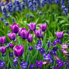 Lush green backdrop, vibrant blue-purple tulips and violets in full bloom, image, purple, plant