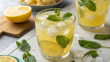 Refreshing Homemade Lemonade Drink with Mint and Ice in Summer Outdoor Setting for Beverage and Healthy Lifestyle Theme