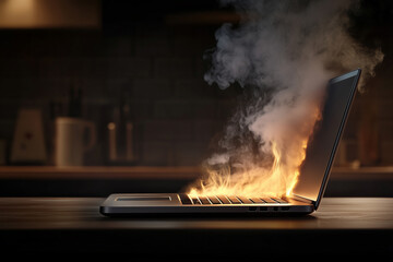 Burning Notebook: A notebook computer engulfed in flames on a wooden surface, with smoke billowing. a symbol of failure, data loss, or system malfunction.