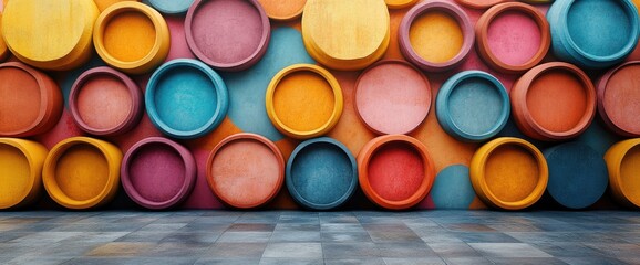 Colorful wall with textured circles. The ground is striped with faded pastel hues