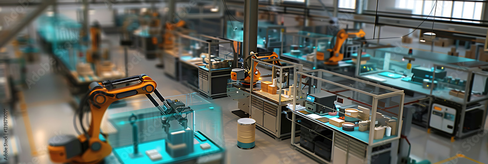 Poster high-angle view of a modern automated factory floor with robotic arms working on assembly lines. rep