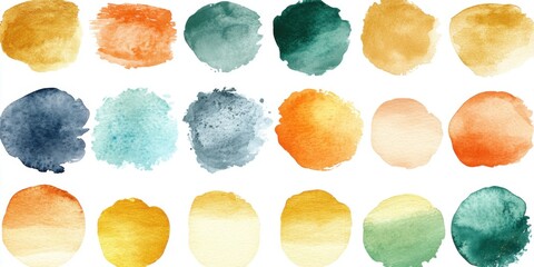 Colorful watercolor blotches in rows on white background