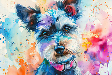 Watercolor painting of a terrier dog with a pink collar