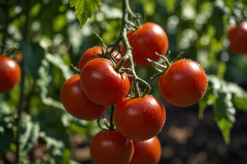 A close-up of ripe, red tomatoes growing on the vine in a sunlit garden. Their glossy skin and rich color highlight their freshness and juicy texture
