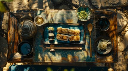 Delicious assorted sushi rolls on dark ceramic plate with soy sauce, ginger, wasabi, and chopsticks