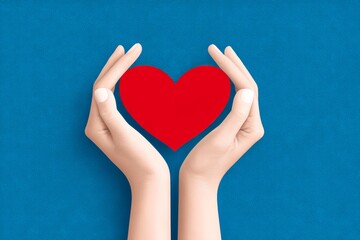 Obraz premium Hands Holding Red Heart Blue Background - Care, love, compassion, support, and kindness are symbolized by gentle hands protecting a vibrant red heart against a serene blue backdrop
