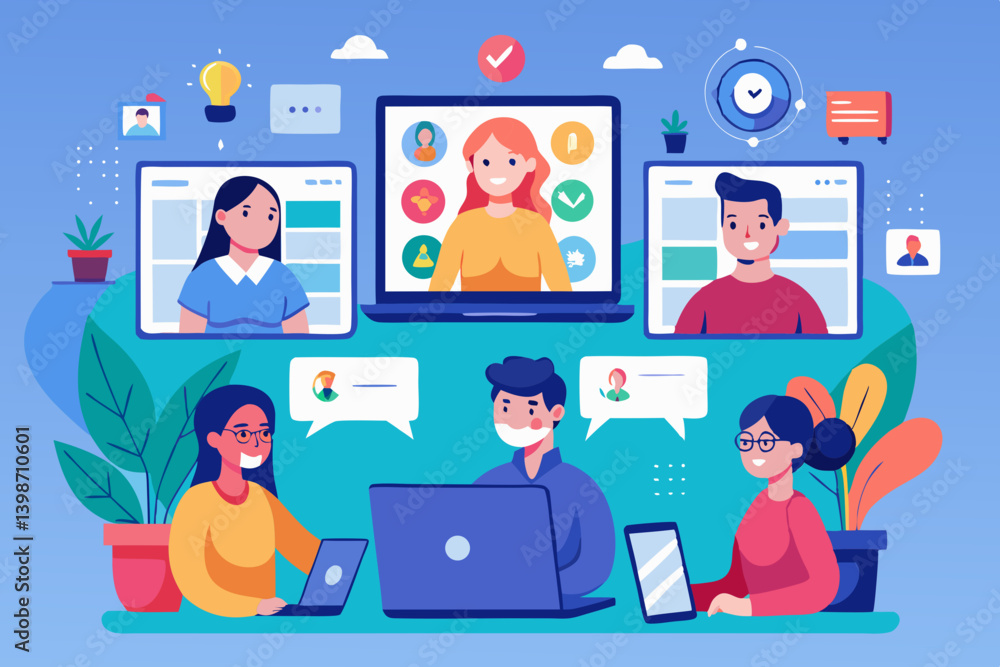 Poster flat design vector of remote work team video conferencing on laptops from home offices