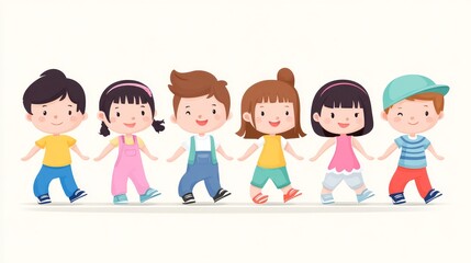 Fototapeta premium Happy Children Holding Hands Together - Six adorable cartoon children joyfully holding hands, symbolizing friendship and unity. Perfect for educational, childcare, or family-themed projects