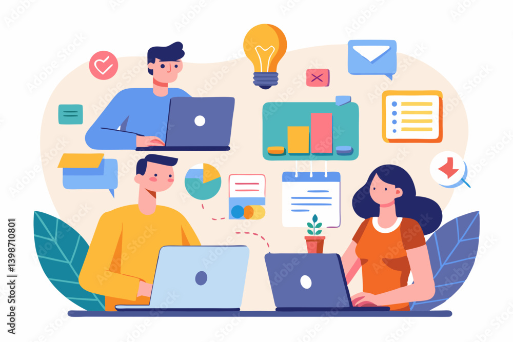 Poster flat vector illustration of a brainstorming session with sticky notes, laptops, and whiteboard sketc
