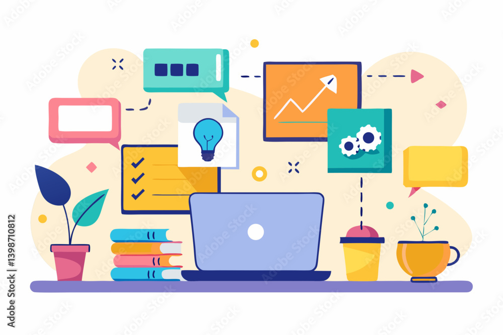 Poster flat vector illustration of a brainstorming session with sticky notes, laptops, and whiteboard sketc