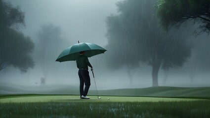 Golfer in Rainstorm with Umbrella on Green Grass Course Landscape