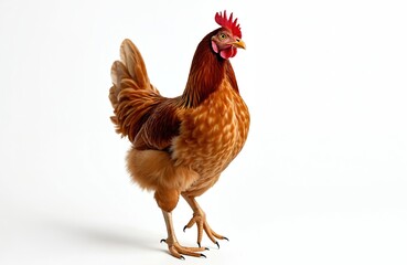 Fototapeta premium Brown hen isolated white background. Chicken stands in studio, close-up shot. Domestic fowl, farm bird, poultry. Meat, eggs production, agriculture, healthy nutrition concept.