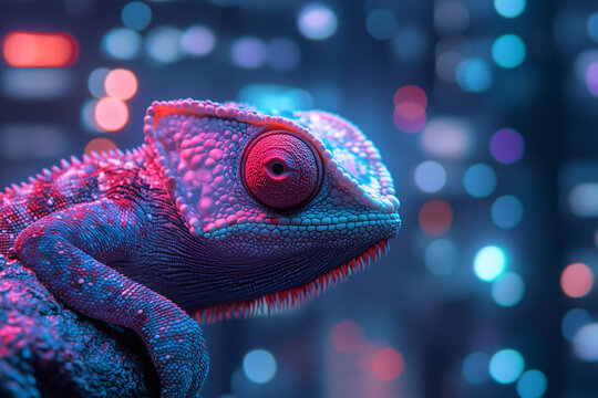Colorful chameleon under city lights at night