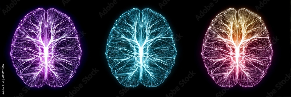 Poster illuminated brain network - three abstract brain images showcasing interconnected neural pathways, e