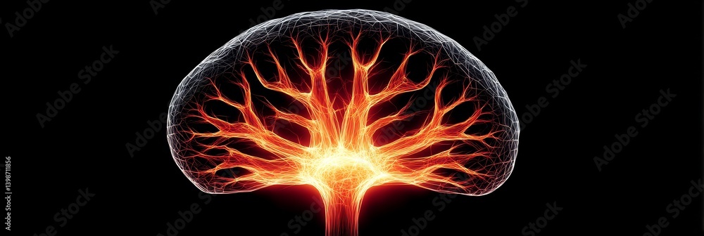 Poster illuminated brain network - abstract of a brain's neural network, glowing with fiery energy, set aga