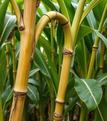 Obraz premium Mature sugarcane stalk curving downward, lush green leaves, harvest, tropical, development