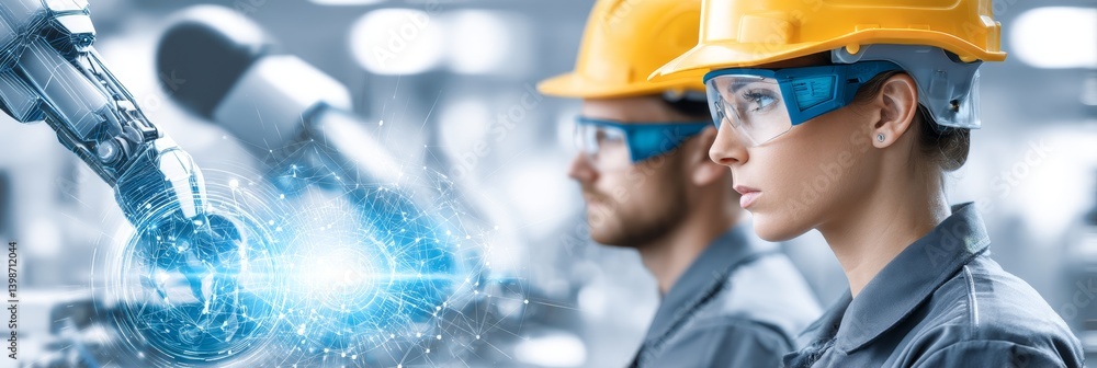 Poster industrial automation and robotics collaboration - two engineers collaborate in a futuristic factory