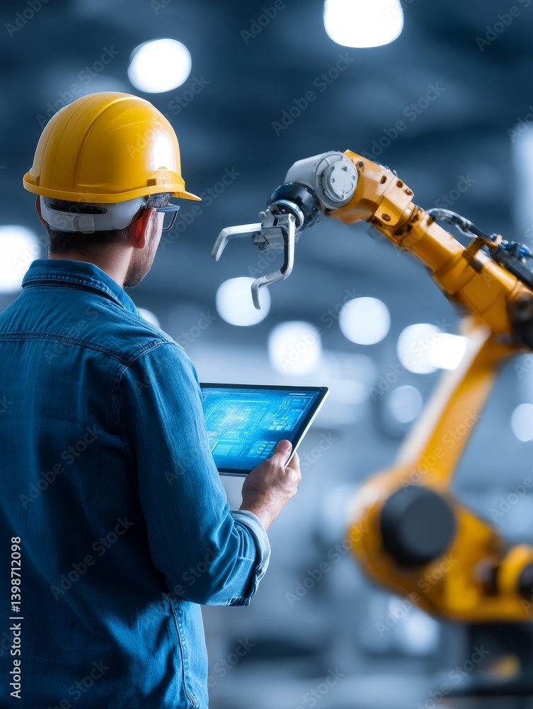 Aufkleber industrial automation technician monitoring robotic arm - a technician uses a tablet to monitor a la