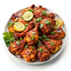 Spicy Roasted Chicken Drumsticks garnished with lemon and parsley on a