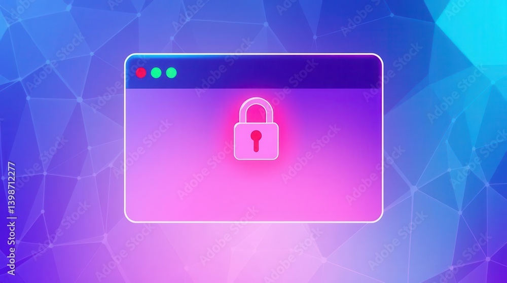 Poster neon window with padlock icon, secure browser, online safety and data protection on polygon backgrou