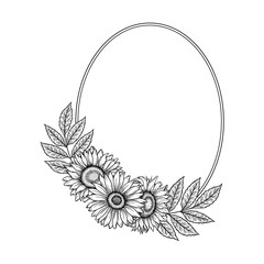 Vector sunflowers oval frame illustration, line art floral wreath. Graphic monochrome drawing. Hand drawn flowers outline sketch, engraved illustration. Template for Easter, wedding invitation, logo.