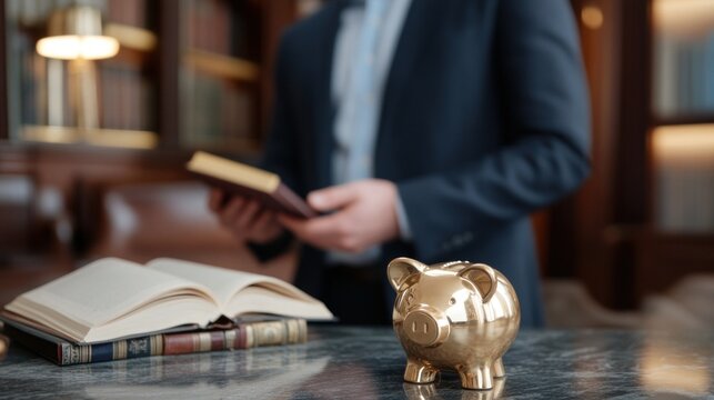 Golden piggy bank on marble surface with person reading book financial investment saving concept