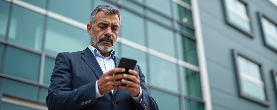 Mature hispanic businessman uses smartphone in front office building. Serious latin entrepreneur man holding cell phone, focused on work. Communication finance concept. Business pro checks email on
