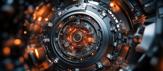 Abstract futuristic metallic machine core with glowing orange light.