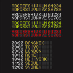Set of yellow red white and green letters for airport board, Airport board constructor realistic composition, vector illustration