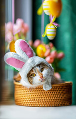 funny cute kitten in easter bunny ears lies in a basket on a windowsill among flowers and colorful...