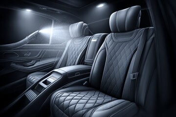 Luxury Car Interior Detailing - Pristine back seats of a luxury car undergoing professional detailing, showcasing the meticulous cleaning process