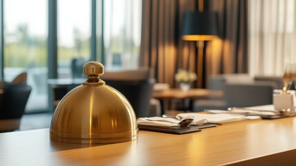 Elegant restaurant dining setup featuring a golden cloche on a polished wooden table