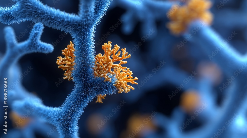 Poster microscopic cellular structures - close-up view of intricate blue cellular structures with vibrant o