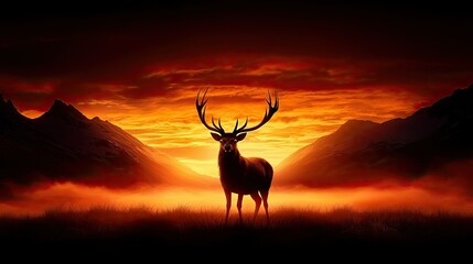 Fototapeta premium Majestic Stag at Fiery Sunset in the Mountains