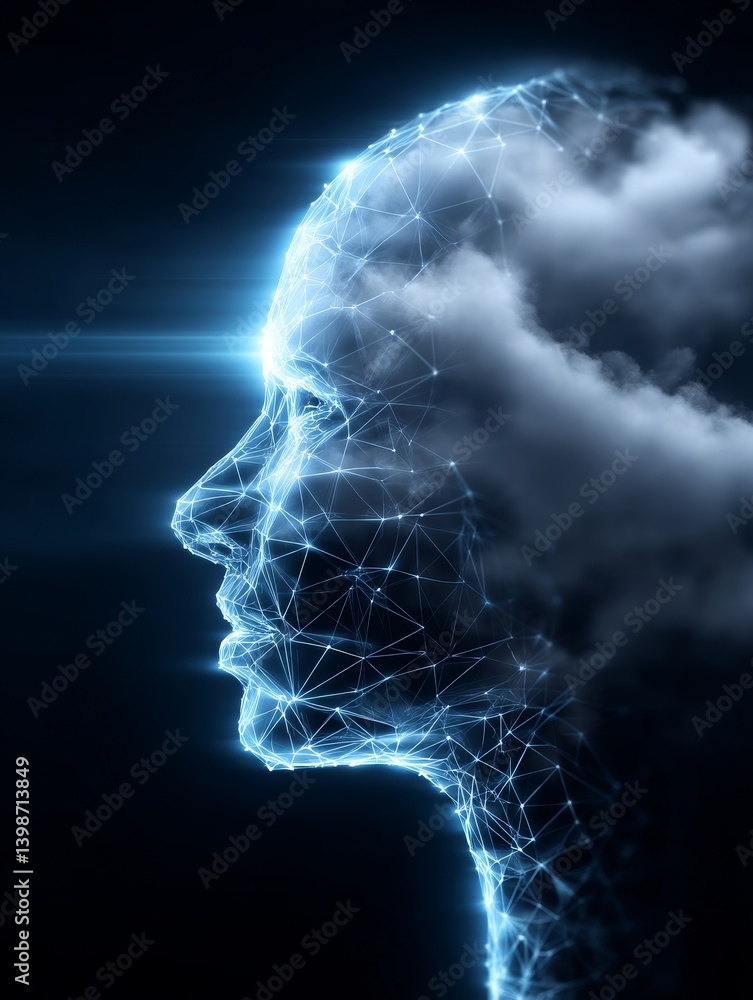 Poster mind: networked consciousness - abstract profile of a head formed from a network of light, partially