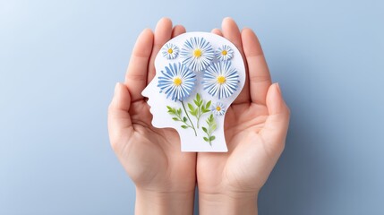 Mindful Bloom: Hands Protecting a Floral Head Silhouette - Mental wellness, growth, nurturing, serenity, hope. A delicate head silhouette cradled in hands