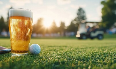 Golf and refreshment concept with beer glass on lawn for recreation and sport