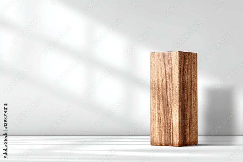 Poster minimal wooden podium on empty table - simple, elegant wooden display. perfect for product , showcas